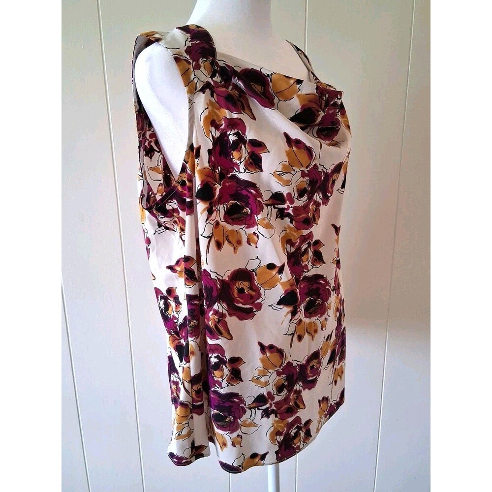 212 Collection Cowl Neck Tank Top XL Beige Purple Floral Career Office Satin